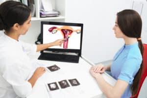 Gynecologist explains to a woman about a disease of the uterus